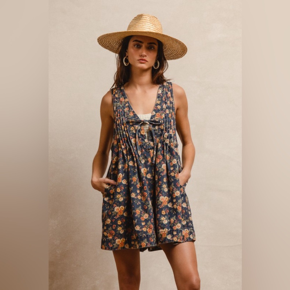 BiBi Navy Floral Sleeveless Denim Romper with Rust and Cream Flowers